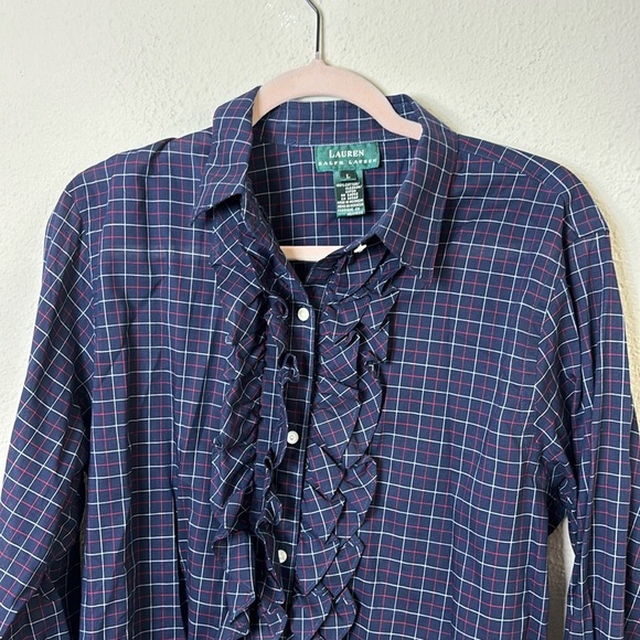 Lauren Ralph Lauren Button Down Shirt Ruffle Front iDark Navy Blue Purplish sz L - Picture 4 of 9